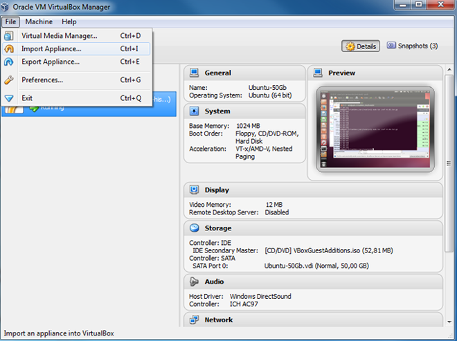 screenshot: export VM into Virtual Box